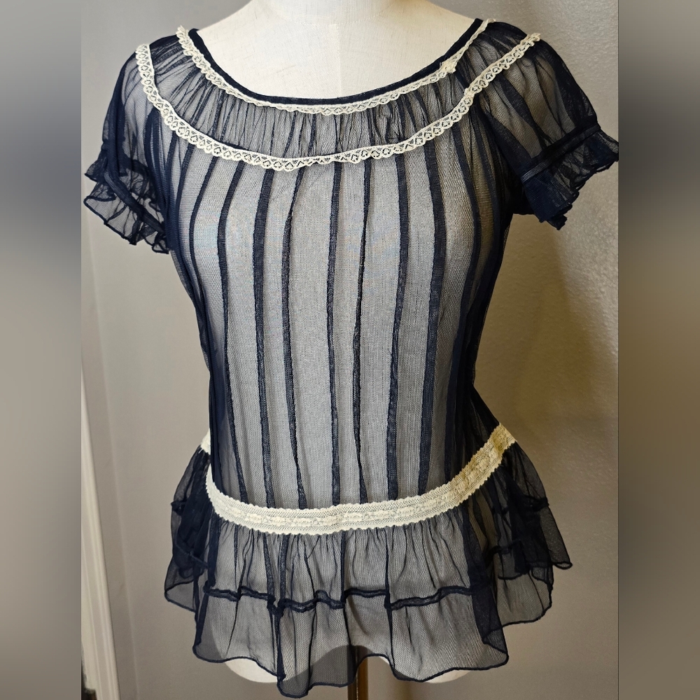 Sheer Navy Blouse with Lace Trim